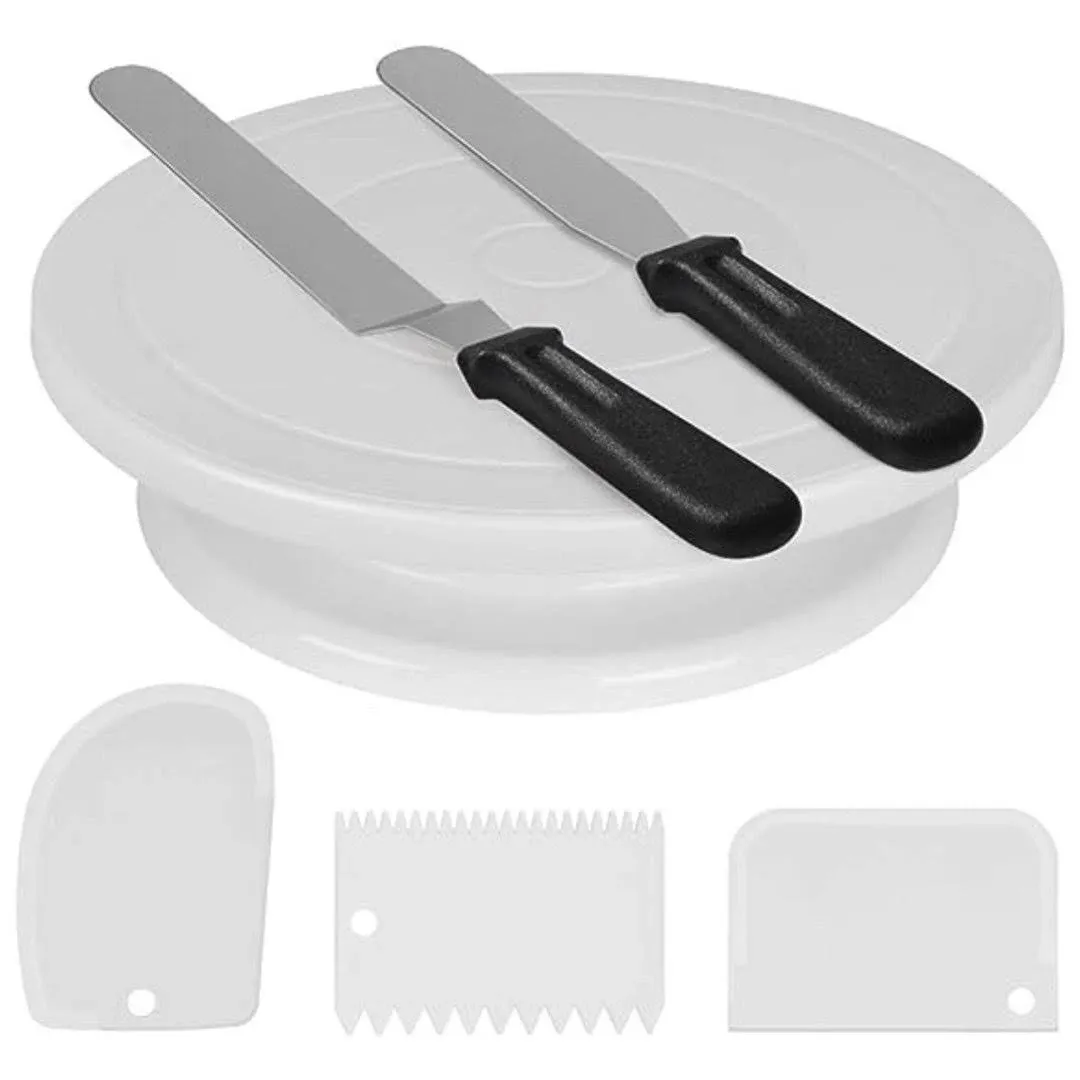 Cake Decorating Kit with Turntable, Spatulas, and Scrapers - White