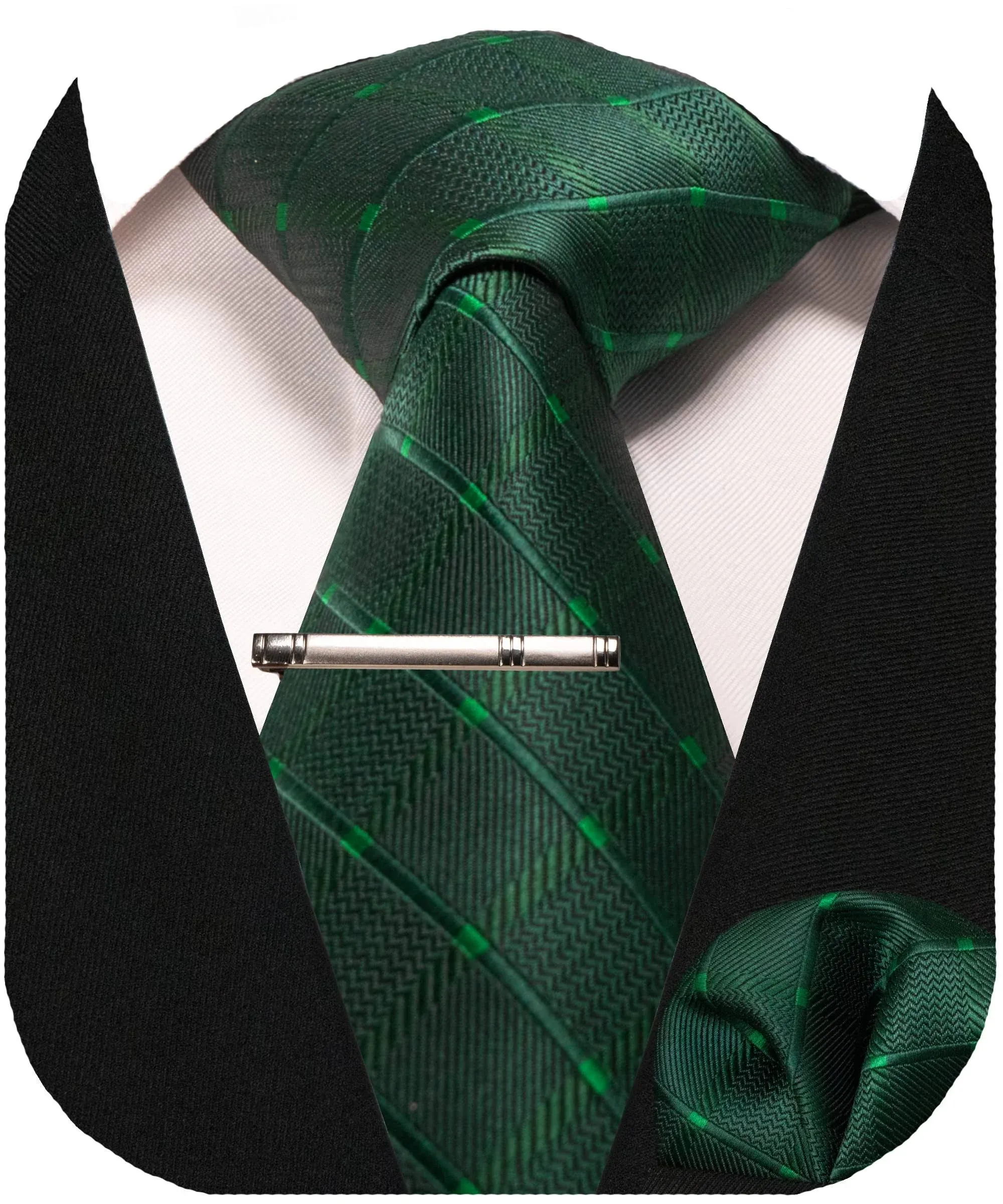 JEMYGINS Solid Color Mens Plaid Tie and Pocket Square with Tie Clip Sets