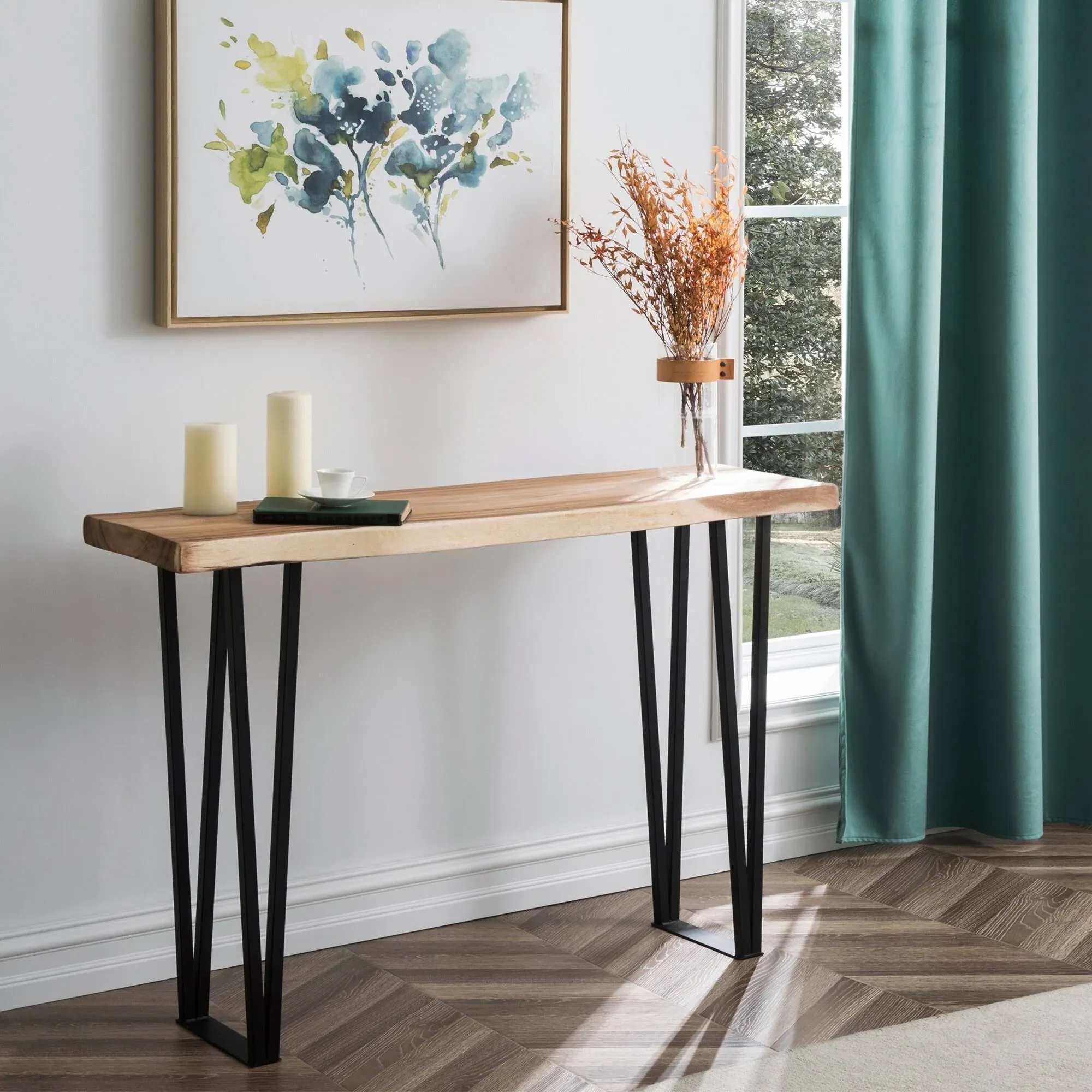 Greenage Suar Wood Console Table with Flat Iron Table Legs - 47" x 14" x 32" H ...