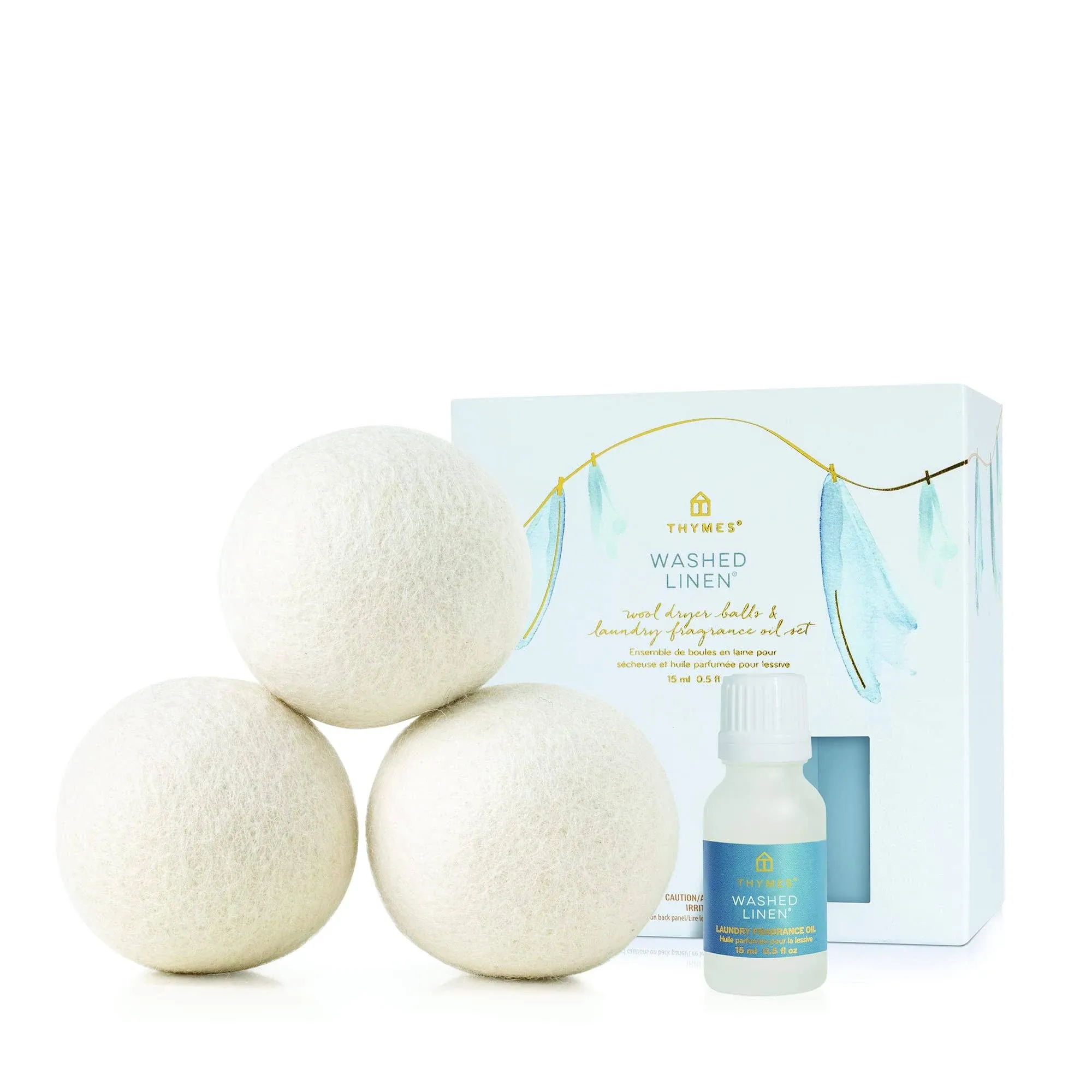 Thymes Washed Linen Wool Dryer Balls Set – Includes 3 Wool Laundry Balls + 1 Washed Linen Laundry Fragrance Oil for Dryer – Eliminate Wrinkles, Static & Lint – Scented Laundry Supplies (0.5 fl oz)