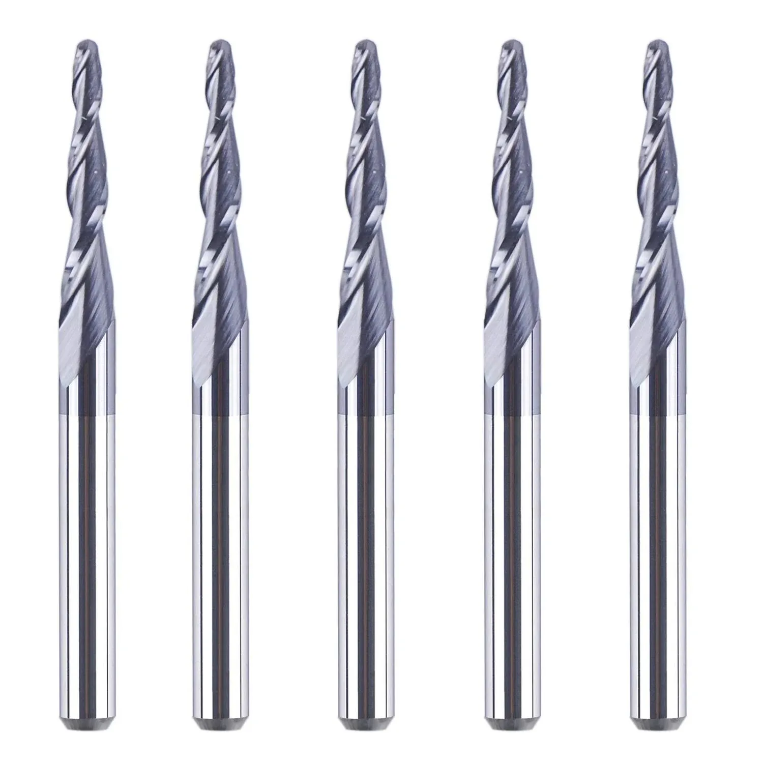 SpeTool W01003 5Pcs CNC 2D and 3D Carving 3.2 Deg Tapered Angle Ball Nose 0.75mm Radius x 1/8" Shank x 15mm Cutting Length x 1-1/2" Long 2 Flute SC TiAlN Coated Upcut Router Bits