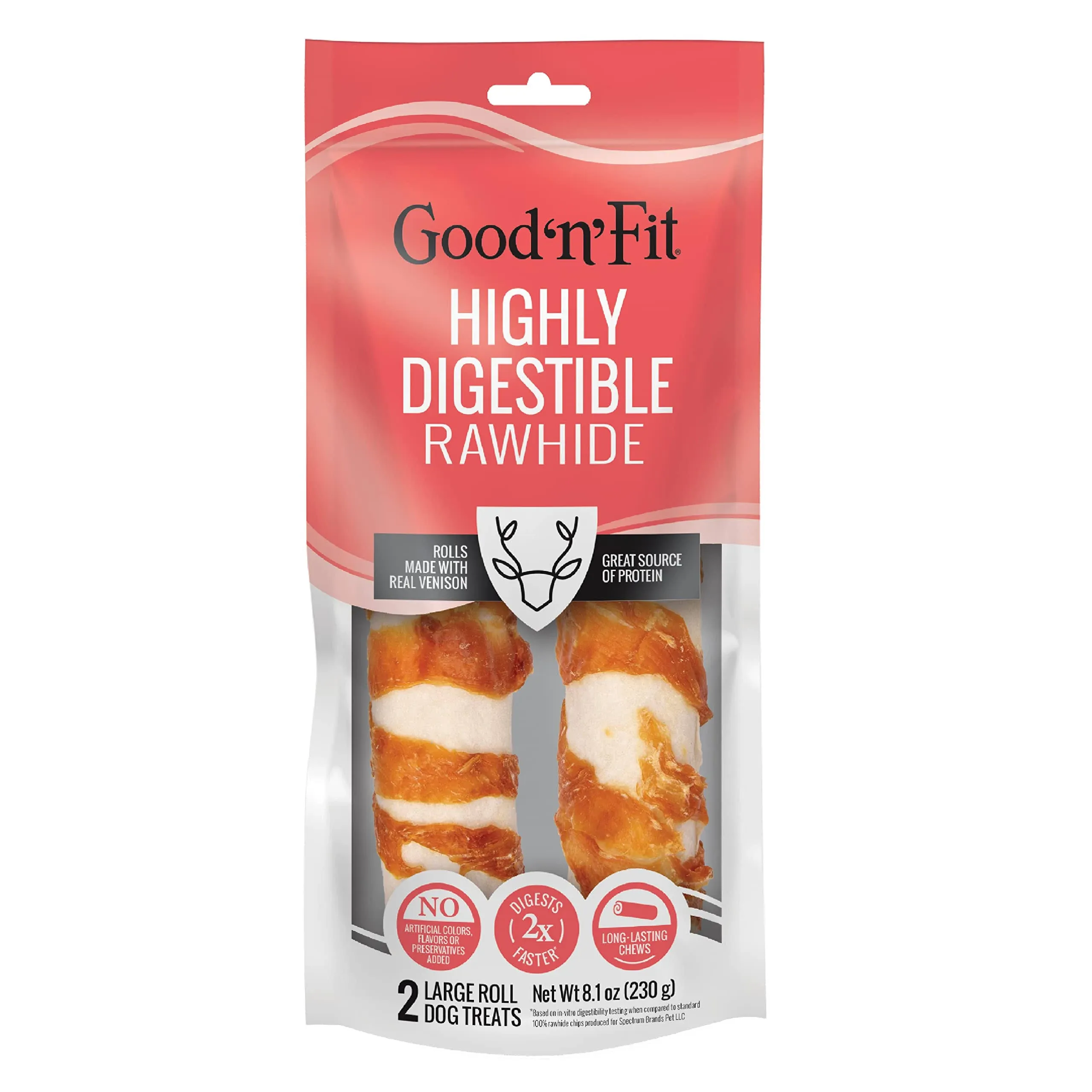 Good ‘n’ Fit Rolls Made with Real Venison, 2 Large Rolls, Treat Your Dog to a Long-Lasting and Highly Digestible Rawhide Chew