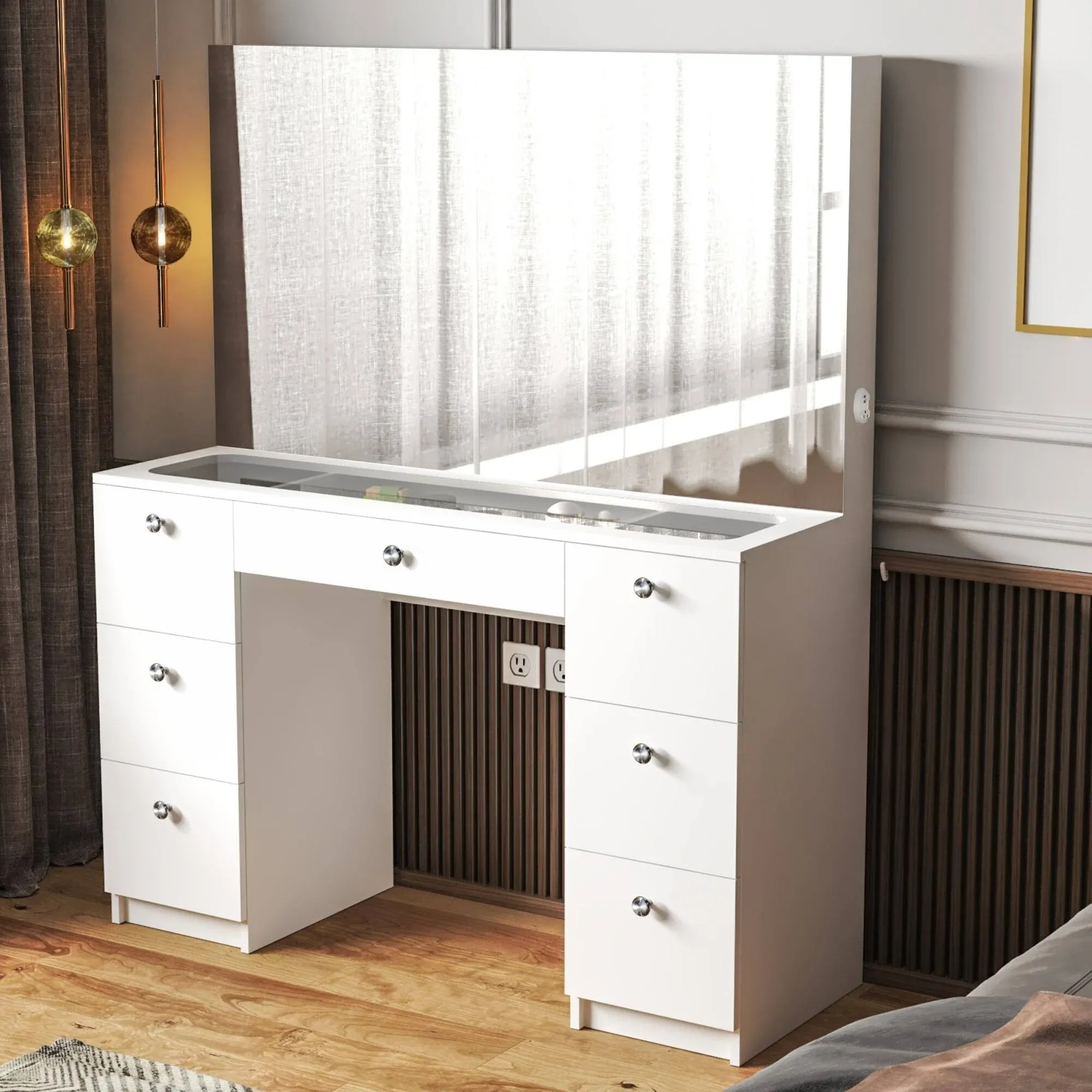 Boahaus Matilda Black Vanity Makeup Desk, Elegant Bedroom Set with a Full-Width Mirror, 5 Drawers, Crystal Knobs - Ideal Modern Makeup Vanity with Ample Storage