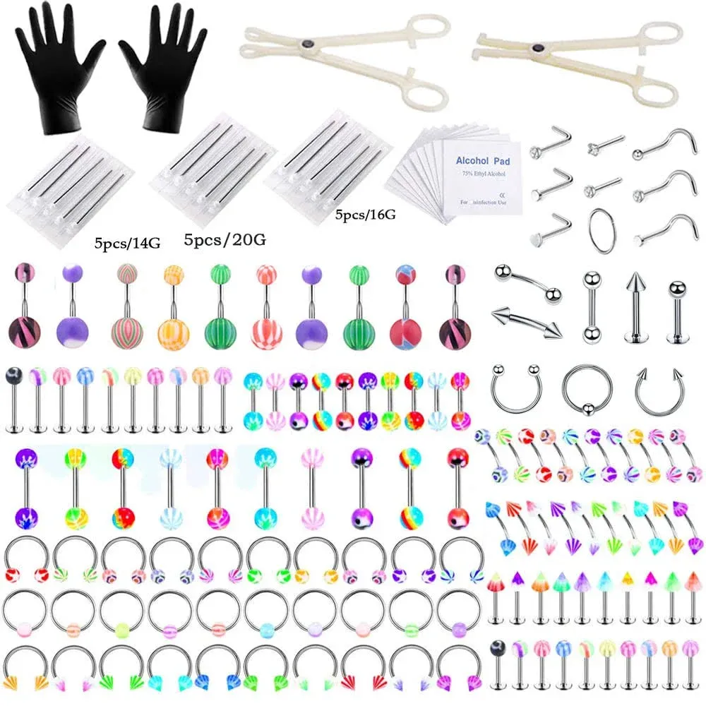 Professional Piercing Kit Stainless Steel Body Piercing Jewelry Tongue Tragus Cartilage Eyebrow Nose Ring Lip Piercing Needles Body Jewelry 14G 16G 20G(silver&mixed color)