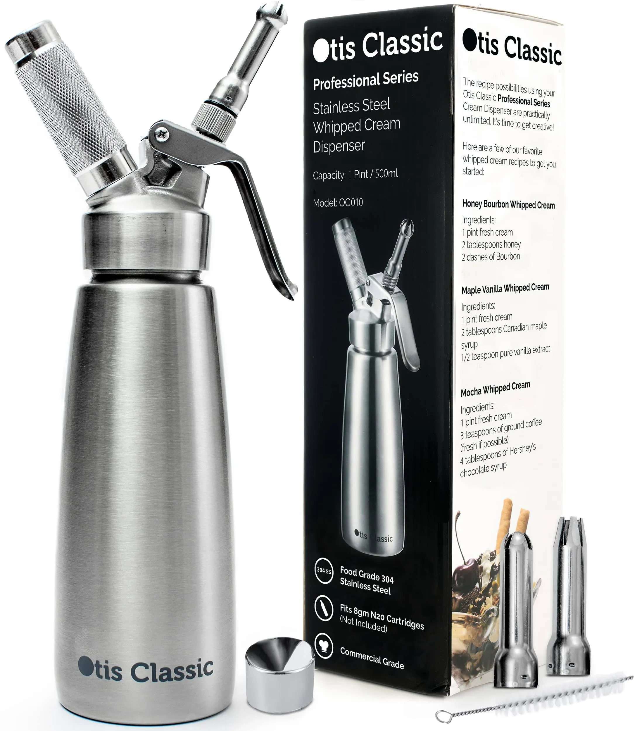 Otis Classic Stainless Steel Whipped Cream Dispenser 500ml with 3 Nozzles