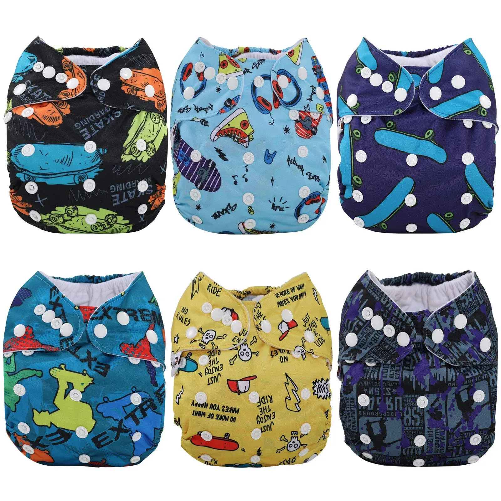 Anmababy 6 Pack Reusable Cloth Diapers, Adjustable, Waterproof, Washable Pocket Cloth Diaper Cover with 6 Bamboo Inserts and 1 Dry/Wet Bag for Baby Boys. (Skateboards/CD6-003)