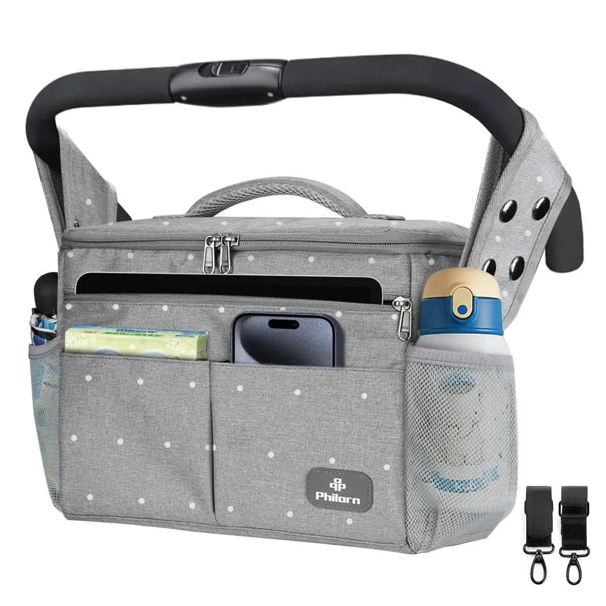 PHILORN Universal Stroller Organizer with Cup Holders - Stroller Caddy with Large Storage Capacity Fits for Stroller Like Uppababy, Baby Jogger, Britax, BOB, Umbrella, Evenflo, Doona,and Pet Stroller