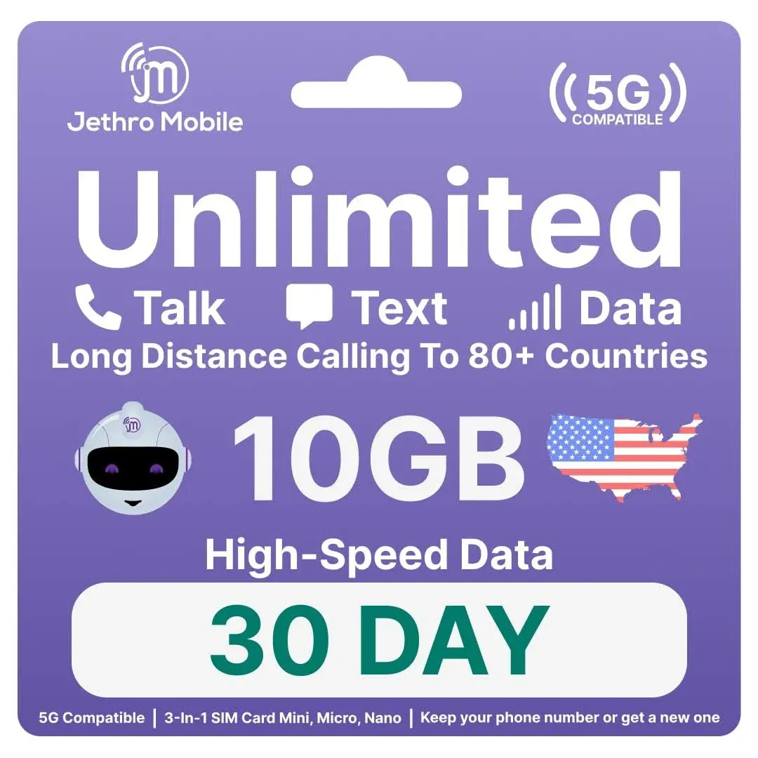 Jethro Mobile Wireless Plan | 10GB of 5g/4g LTE + Unlimited Talk & Text for 30 Days (3-in-1 GSM Sim Card)