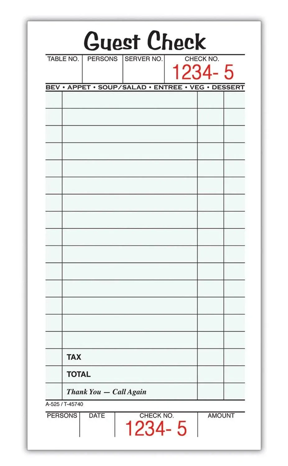 Adams 1-Part Guest Check Books, 3 2/5&#034; x 6 3/4&#034;, 5 Pads Of 50 Sheets Each