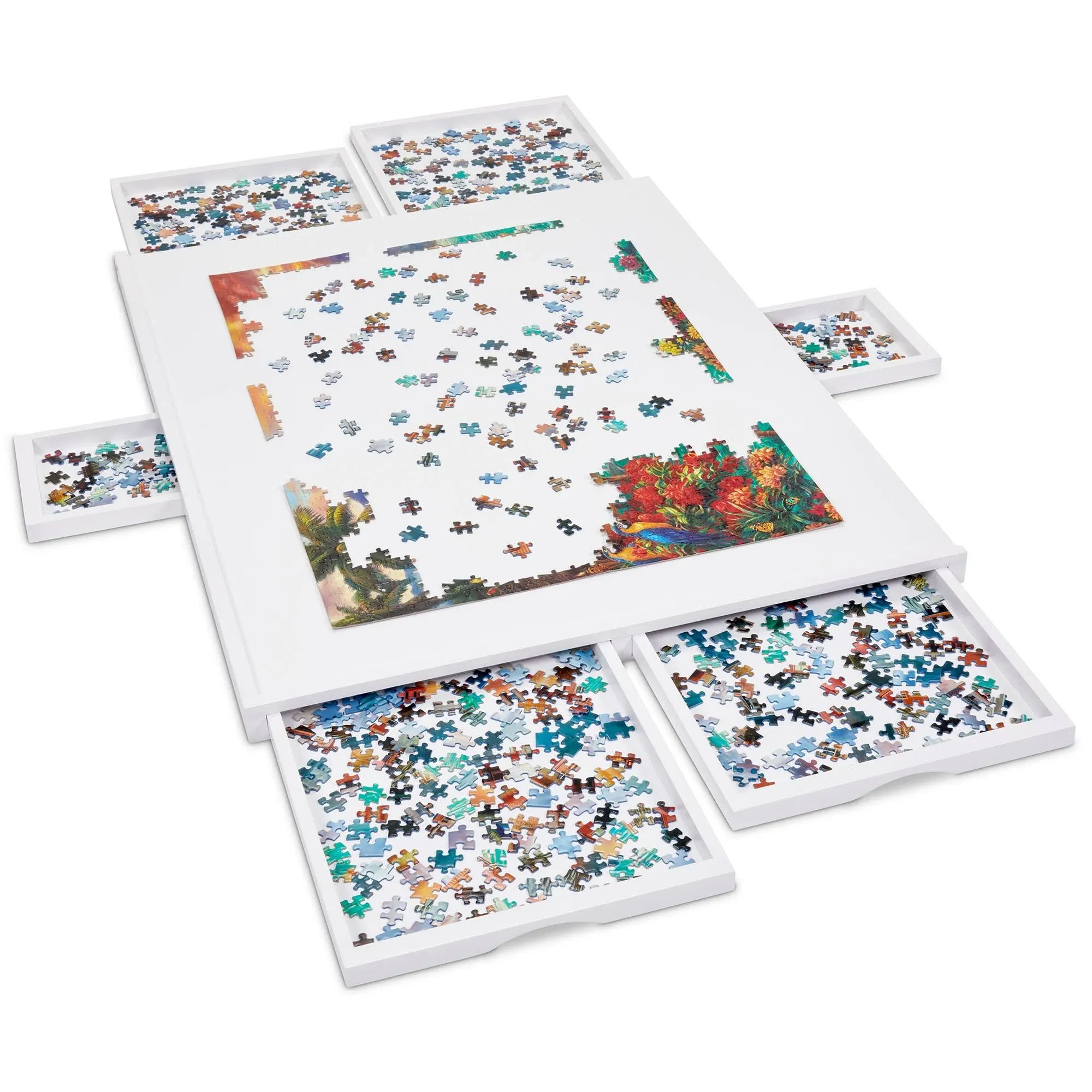 Jumbl 1500-Piece Puzzle Board W/Mat 27" x 35" Wooden Jigsaw Puzzle Table w/6 Removable Storage & Sorting Drawers - White