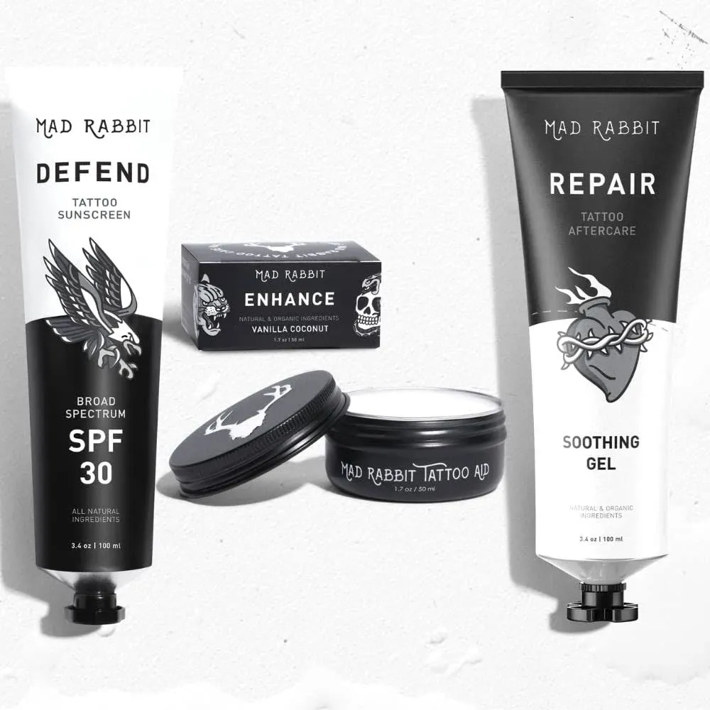 Mad Rabbit Tattoo Care Bundle Kit 3-Piece Repair Soothing Gel, Enhance Balm &amp; 30