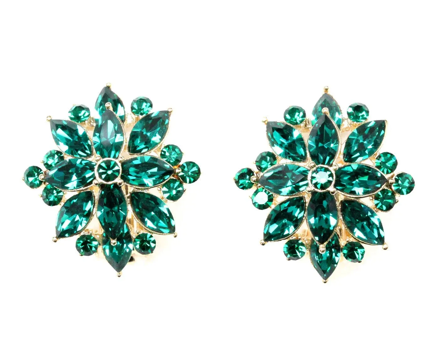 Faship Emerald Green Crystal Clip on Style Earrings - Green/Gold-Tone