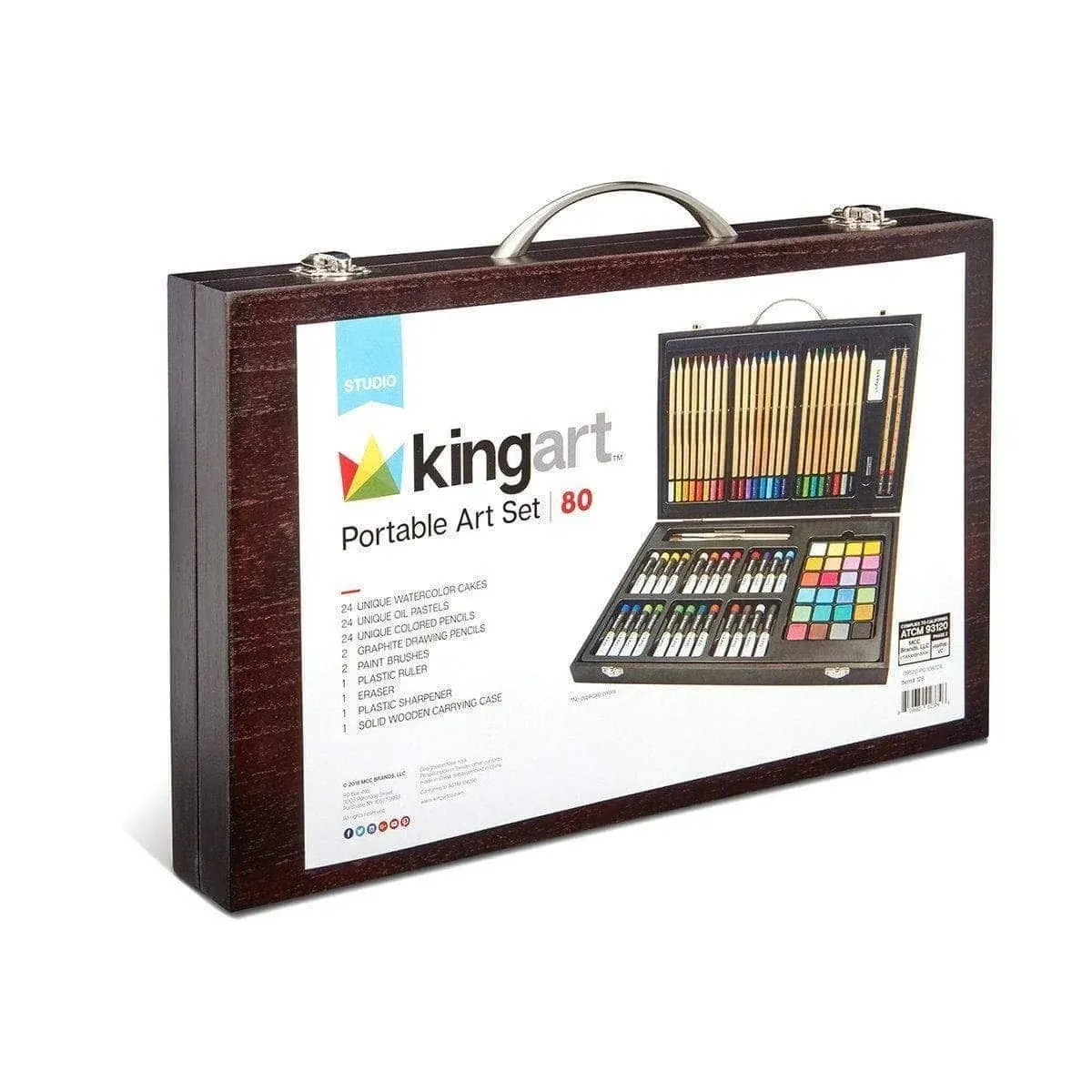 KINGART Mixed Media Art Set, Wood Case, Watercolor Cakes, Oil Pastels, Colored Pencils, Paint Brushes, Sanding Block, Eraser, Sharpener, Sketching,