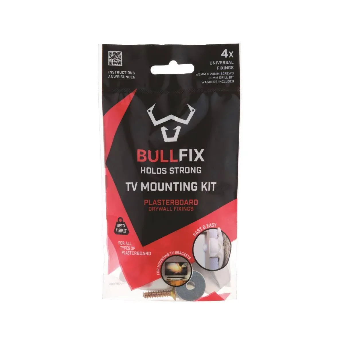 Bullfix TV Kit - Plasterboard Fixings for TV Bracket, Heavy Duty Wall Fixing for television Bracket & Mount to Stud, Dot & Dab, Insulated Plasterboar