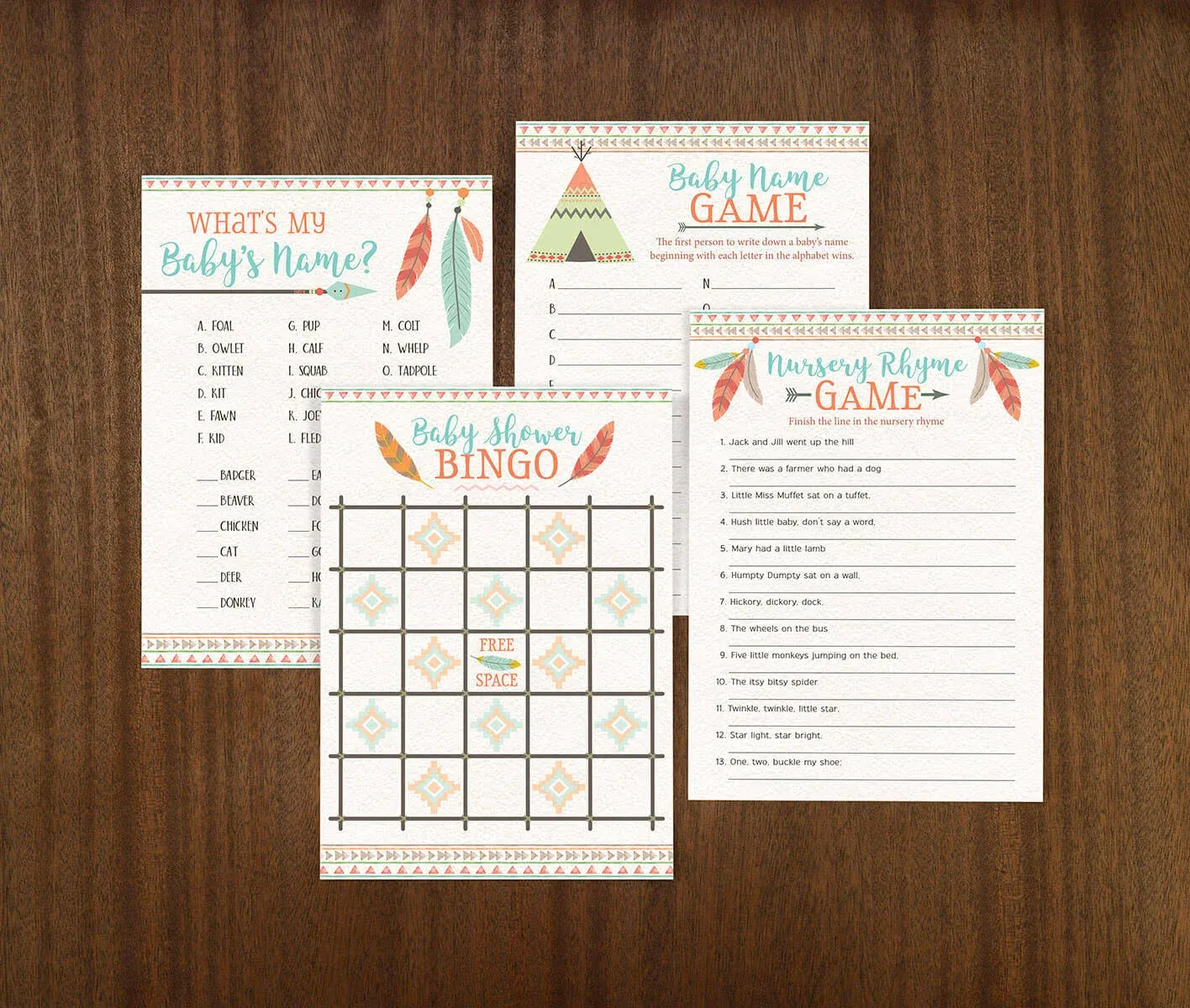 Lillian Rose Boho Baby Shower Games Set of 4