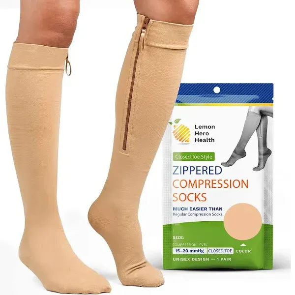 Zipper Compression Socks 15-20mmHg Closed Toe with Zip Guard Skin Protection - Medical Zippered Compression Socks for Men & Women