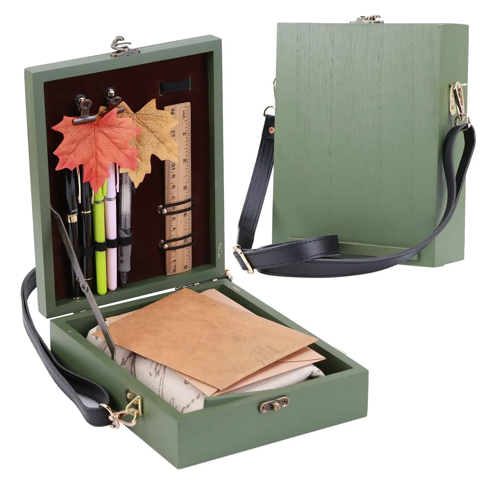 Writers Messenger Wood Box, Retro Handmade Crossbody Postman Bag, Multi-function Artist Tool and Brush Storage Box