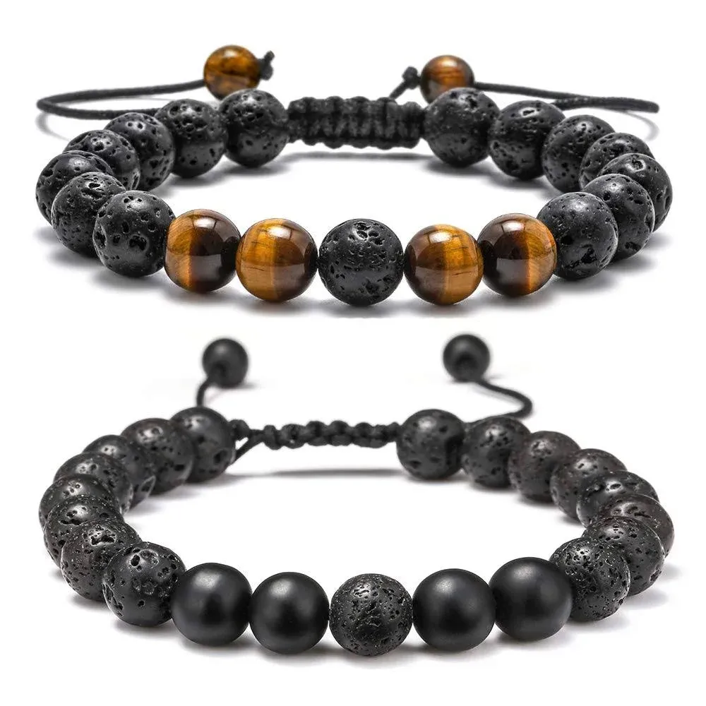 M MOOHAM Natural Stone Bracelets for Men - 8mm Tiger Eye | Matte Agate | Lava Rock Bracelets for Men Teen Boys Gifts Birthday Anniversary Father Day Gifts for Him