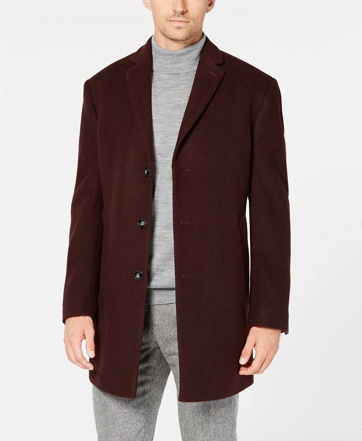 Calvin Klein Men's Prosper Wool-Blend X-Fit Overcoat - Burgundy