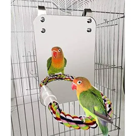 BWOGUE 7 Inch Bird Mirror with Rope Perch Cockatiel Mirror for Cage Bird Toys Swing Parrot Cage Toys for Parakeet Cockatoo Cockatiel Conure Lovebirds Finch Canaries