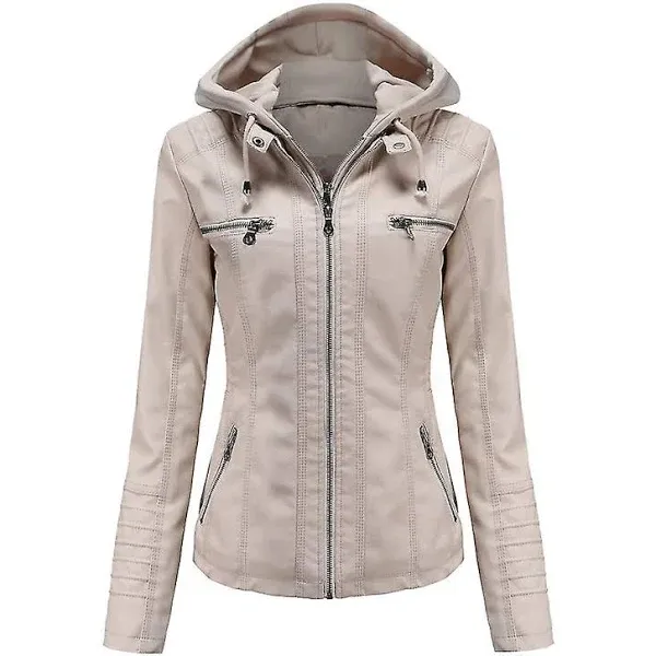 Yunclos Womens Classic Faux Leather Hooded Jackets Zip Up Outwear Coat Off White 2XL