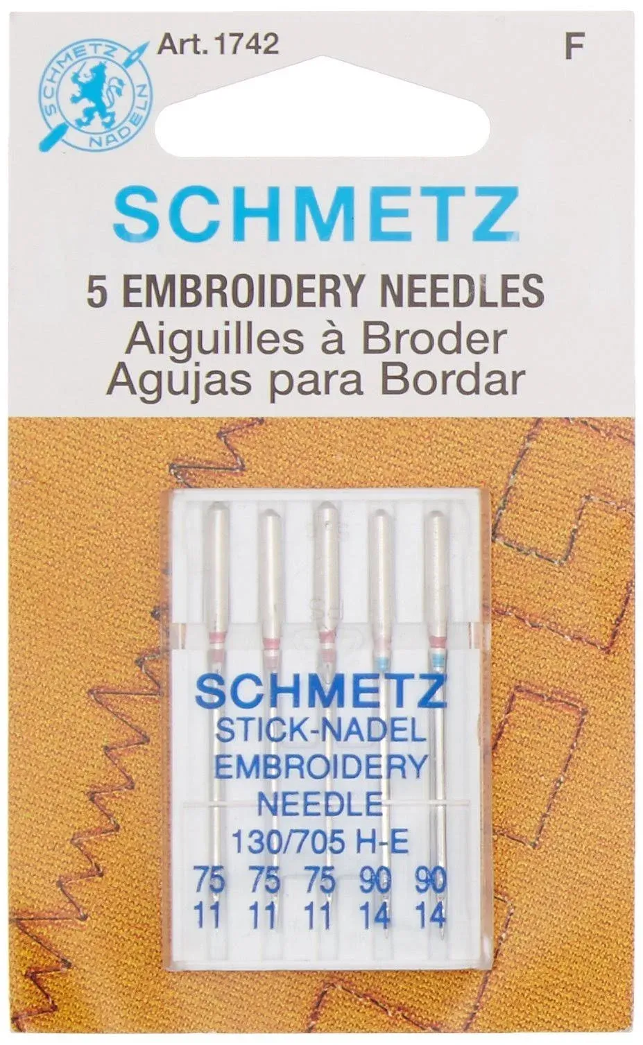 5 PK SCHMETZ EMBROIDERY SEWING MACHINE NEEDLES~ART 1742~Sz 11/75 (3) &amp; 14/90 (2)