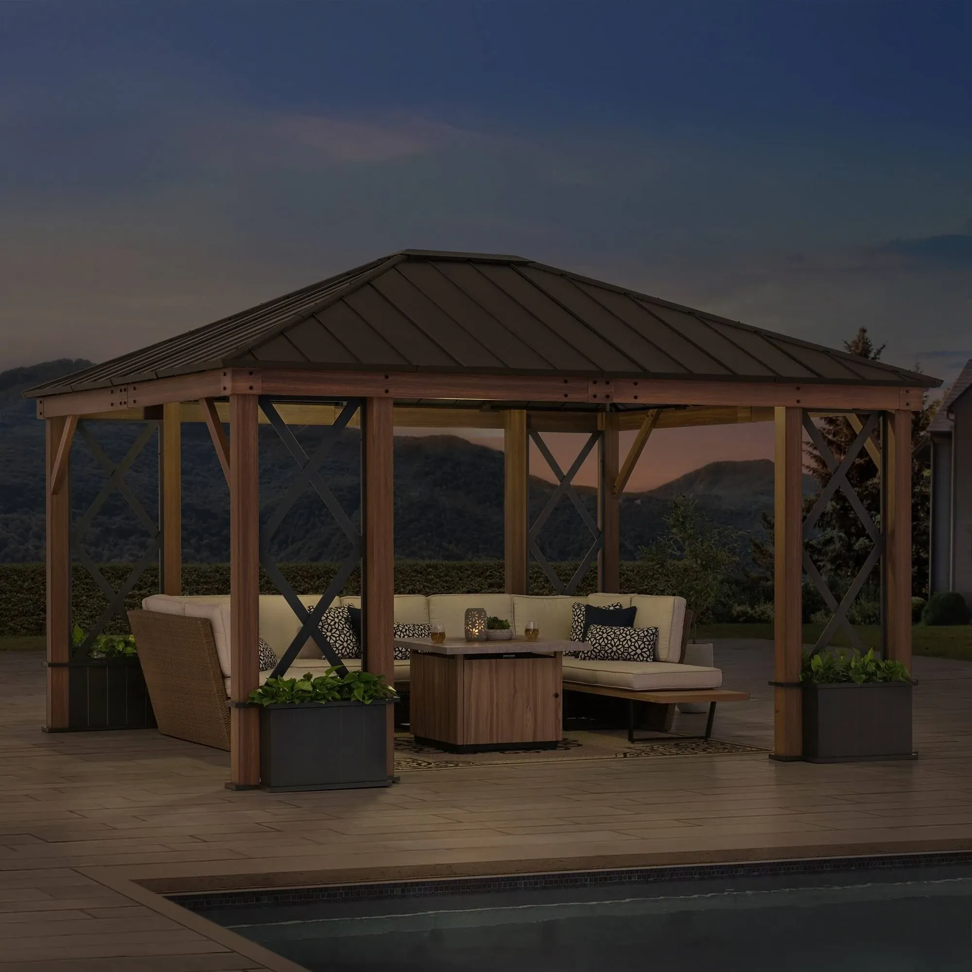 SummerCove 13 ft. x 15 ft. Black Steel Hardtop Gazebo with Planters and Ceiling Hook