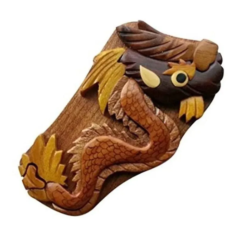 Handmade Wooden Wood Intarsia Puzzle Dragon Box 3077 Hide Gift Cash