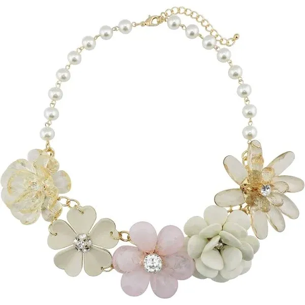 Bocar 5 Flower Braided Crystal Statement Chunky Necklace Bib Collar Flower Pearl ...