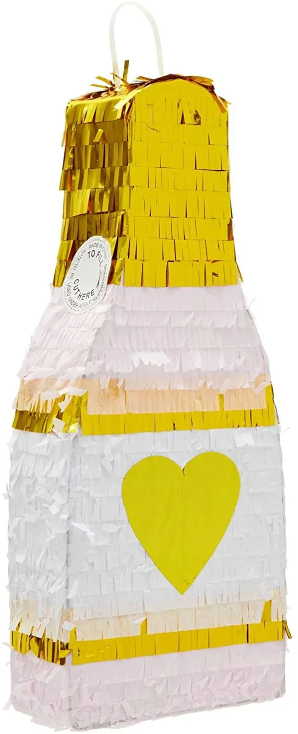 Champagne Bottle Party Pinata with Gold Foil (Pink, White, 16.5 x 7 x 3 Inches)