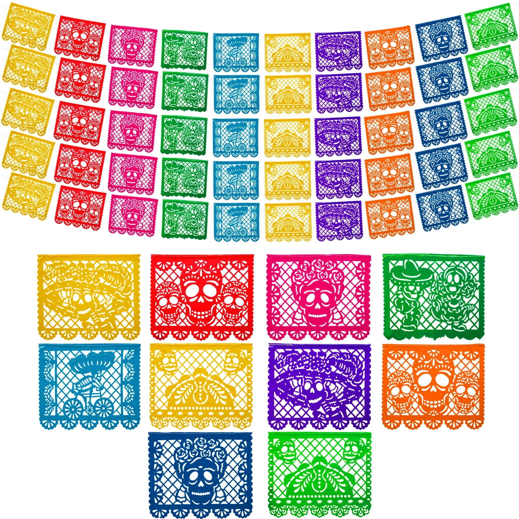 Mexican Party Banners (5 Pack - 10 Plastic Flag Designs per Banner) - Papel Pica