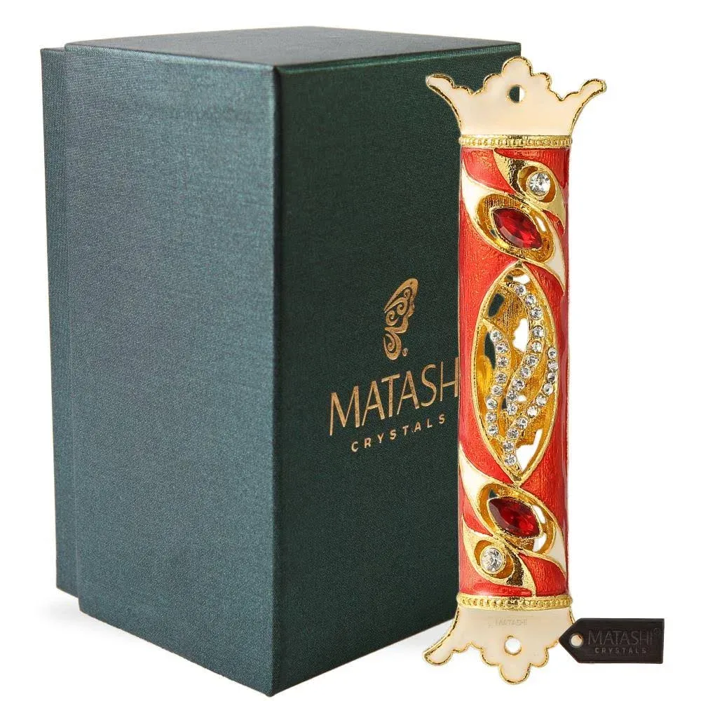 4.5" Hand Painted Mezuzah Embellished with a Royal Red Design 24K Gold Plated and Red and Clear Crystals by Matashi