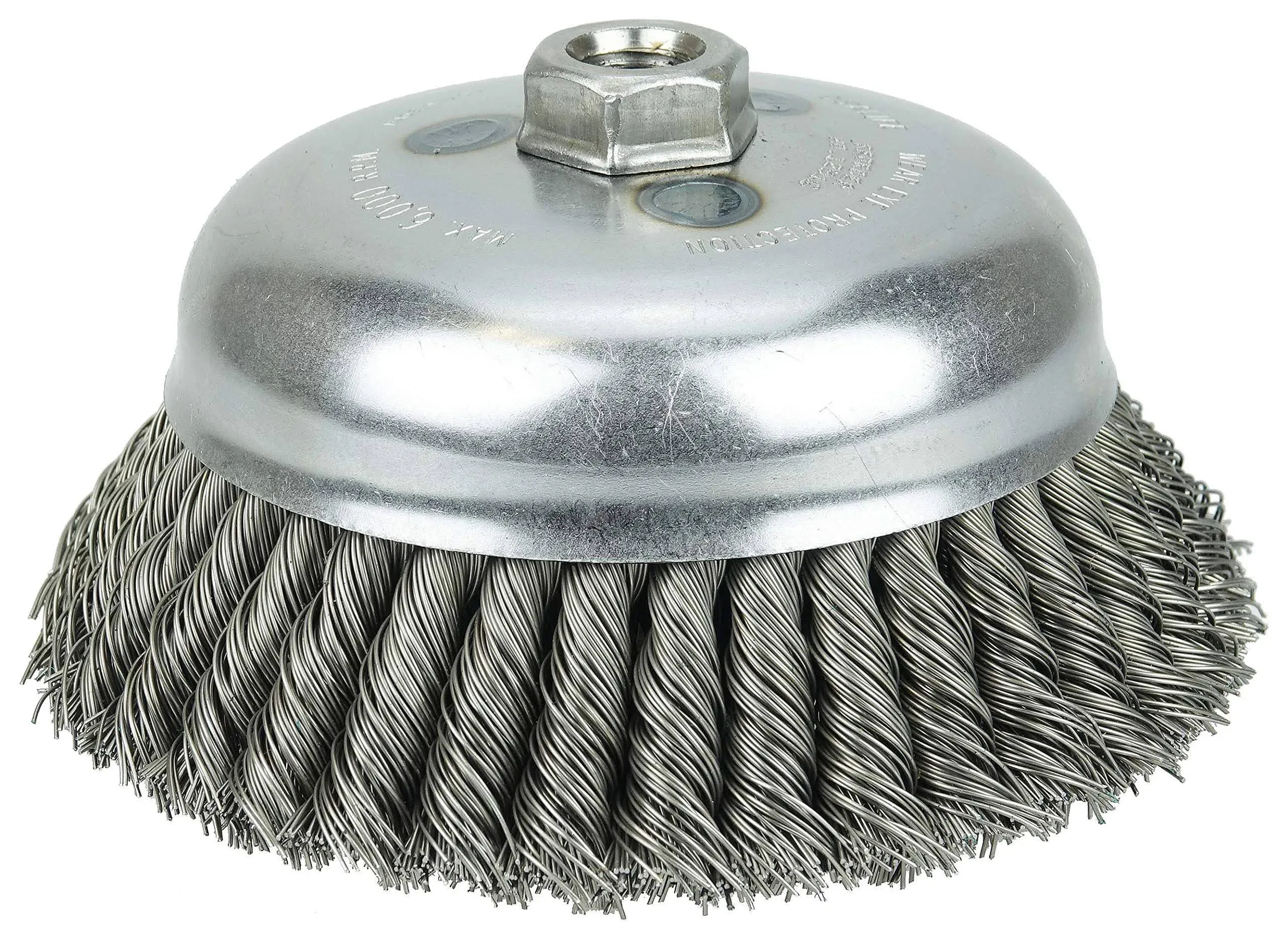 Double Row Cup Brush, 6 in Dia, 5/8-11, 0.035 in Steel Knotted Standard Twist Wire