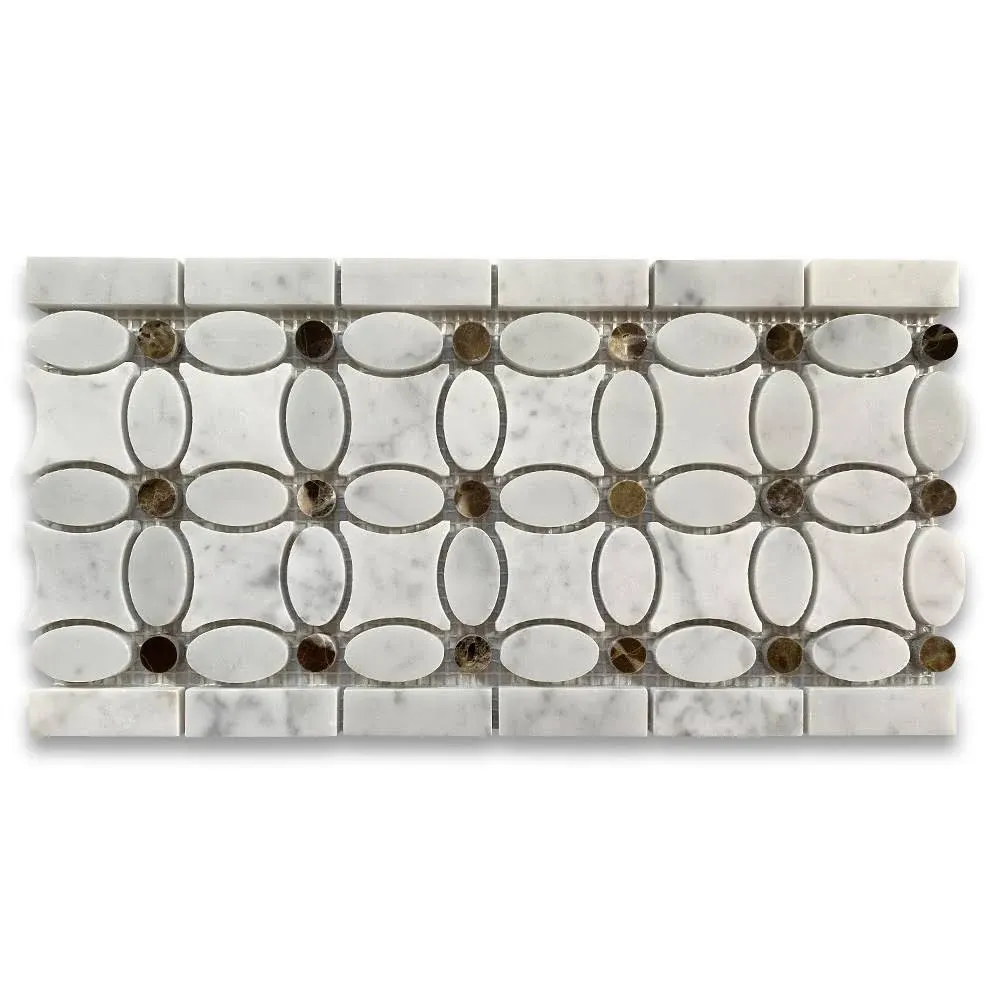 Carrara White Marble Flower Mosaic Border Listello Tile w/ Emperador Dark Brown Dots Polished