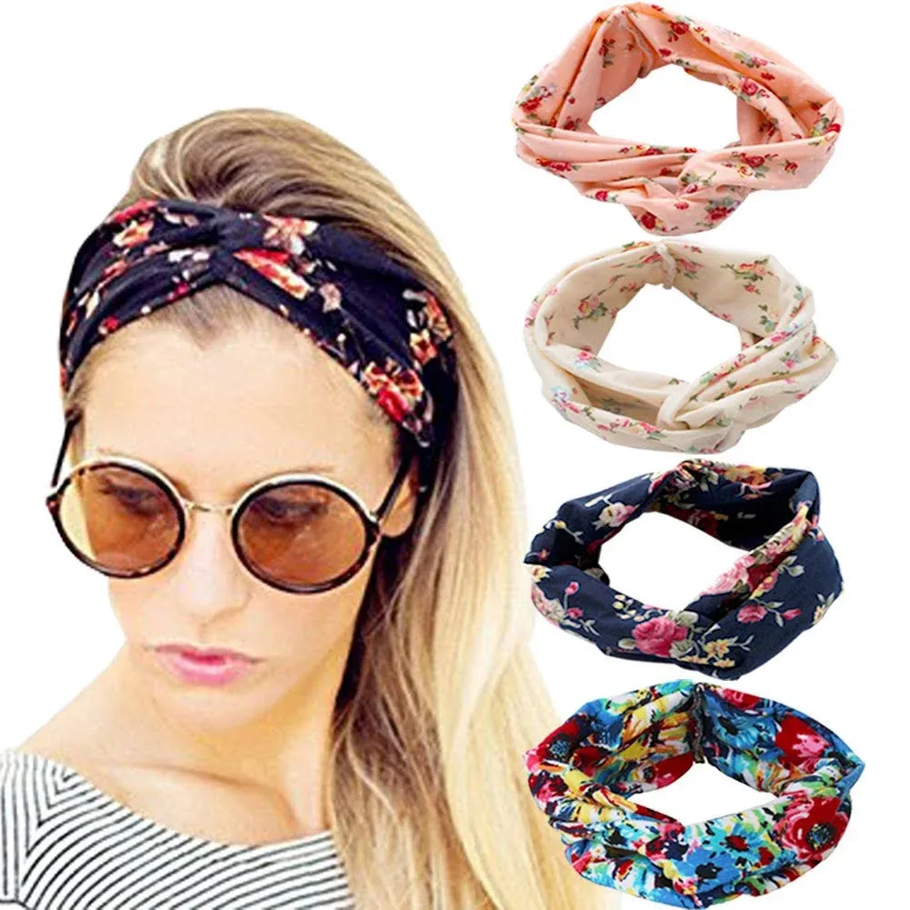 DRESHOW 4 Pack Boho Cotton Non-Slip Headbands for Women Girls Yoga Workout Running Knotted Turban Floral Elastic Head Wrap