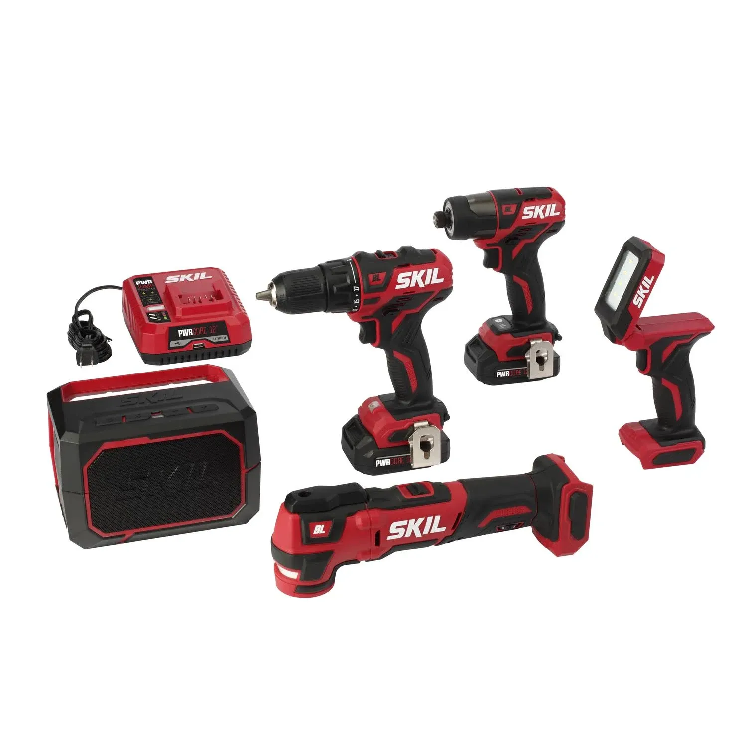 SKIL PWRCore 12 Brushless 5-Power Tool Kit, Charger, Two 2.0Ah Lithium Batteries