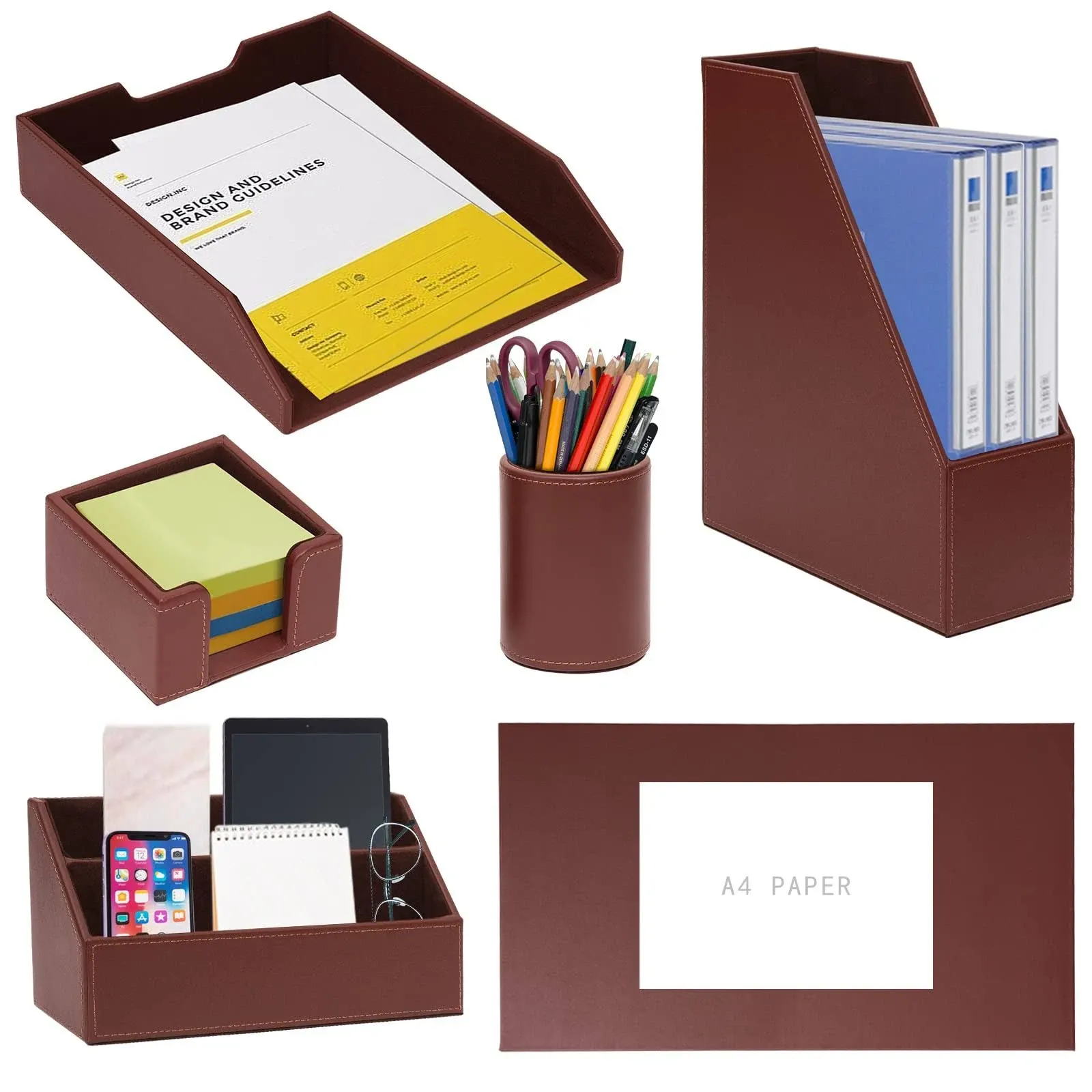 6 Piece Office Supplies/Desk Organizer Set with Desktop Leather Writing Pad,File Paper Tray,Magazine folder Holder, Pen Cup,Sticky Note Holder,Letter Mail Sorter,Workspace Decor for Women Men Brown