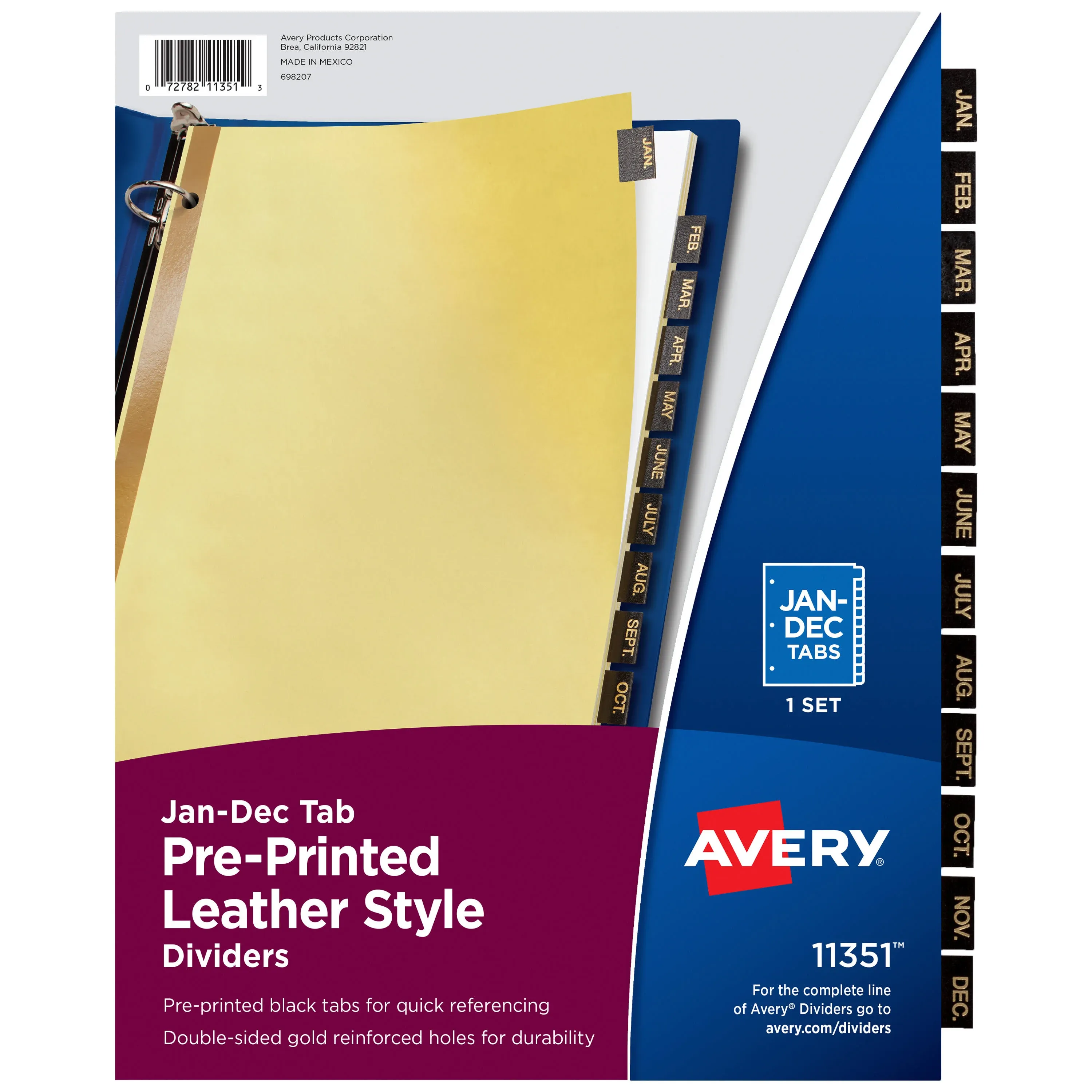 Avery Jan-Dec Dividers for 3 Ring Binders, 12-Tab Set, Pre-Printed Black Leather Tabs, 1 Binder Divider Set (11351)