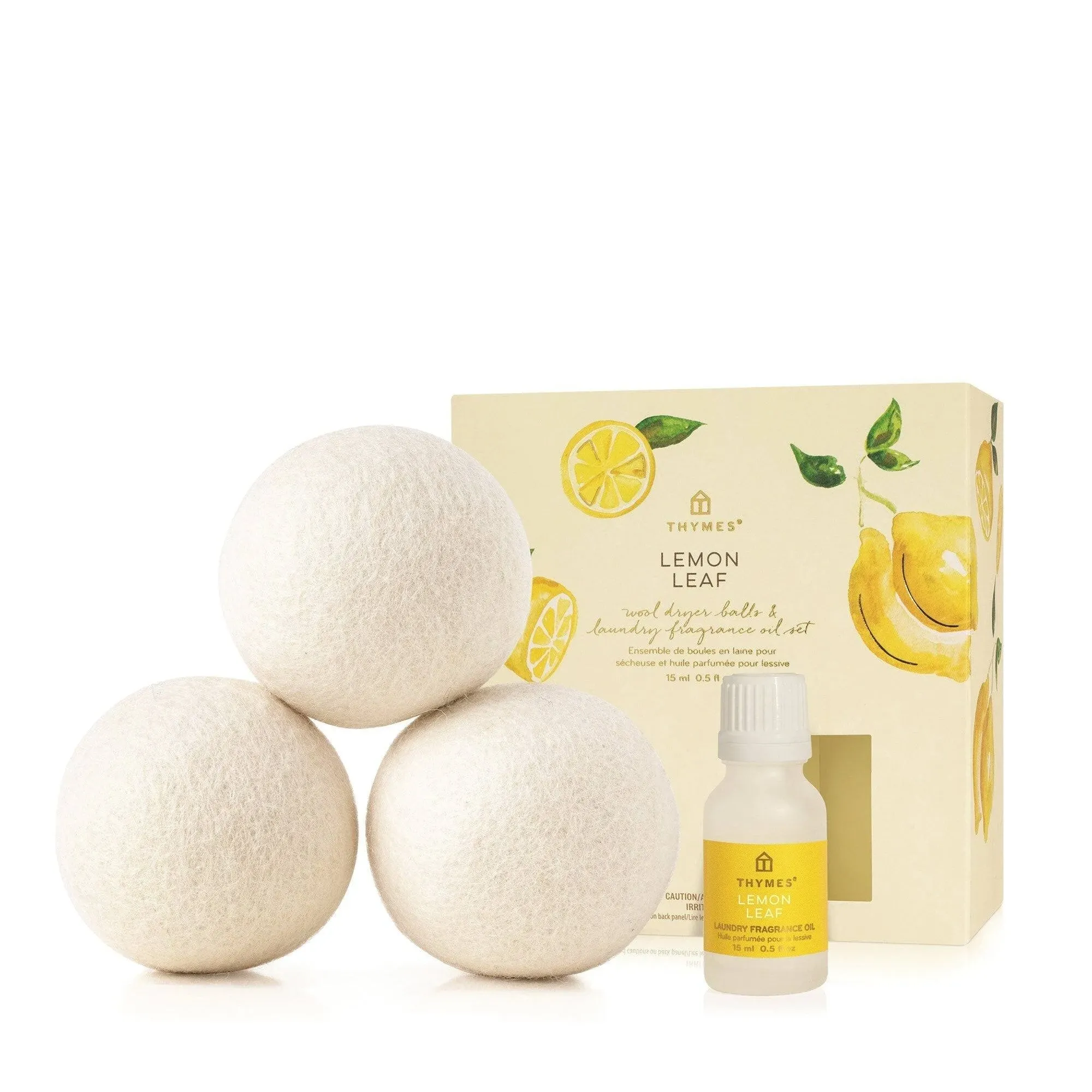 Thymes Lemon Leaf Wool Dryer Balls Set – Includes 3 Wool Laundry Balls + 1 Lemon Fragrance Oil for Dryer – Eliminate Wrinkles, Static & Lint – Scented Laundry Supplies (0.5 fl oz)