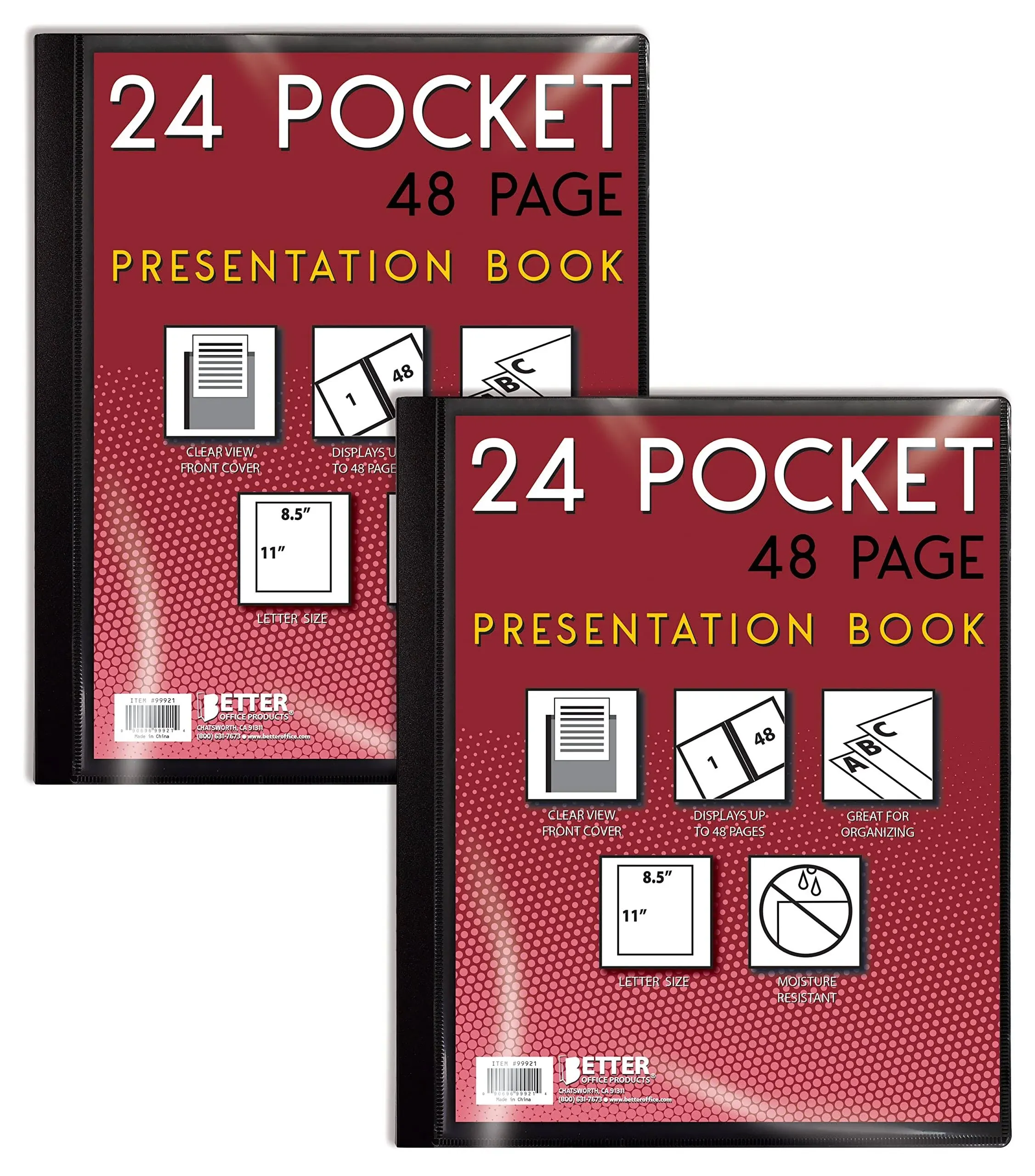 Presentation Book W/Clear Frt Pocket, 24 Pockets, Black, 85in x 11in Clear pkts, Art Portfolio, 2PK