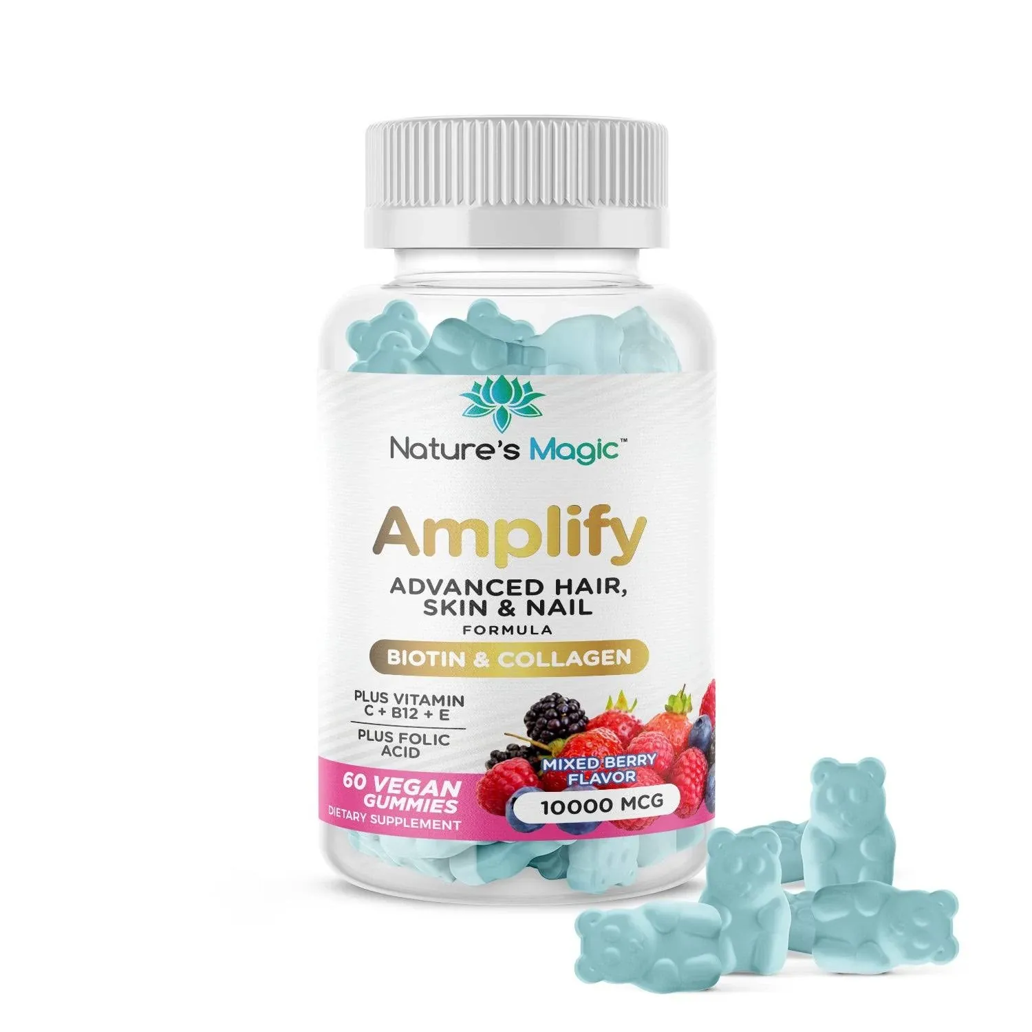 Amplify Advanced Hair, Skin & Nail Formula with 10,000 mcg Vegan Gummies Highest ...