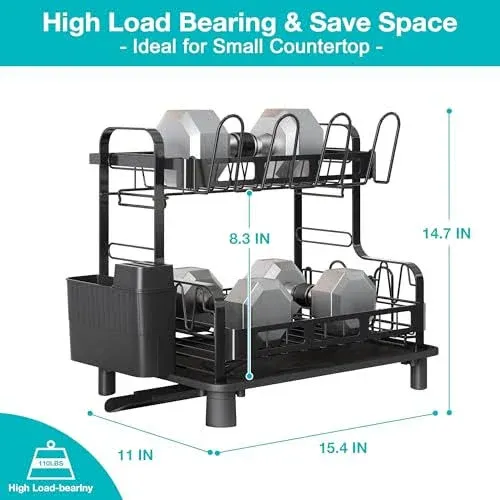 romision Dish Drying Rack and Drainboard Set, 2 Tier Large Stainless Steel Sink Organizer Dish Racks with Cups Holder, Utensil Holder, Dish Strainer Shelf for Kitchen Counter, Black