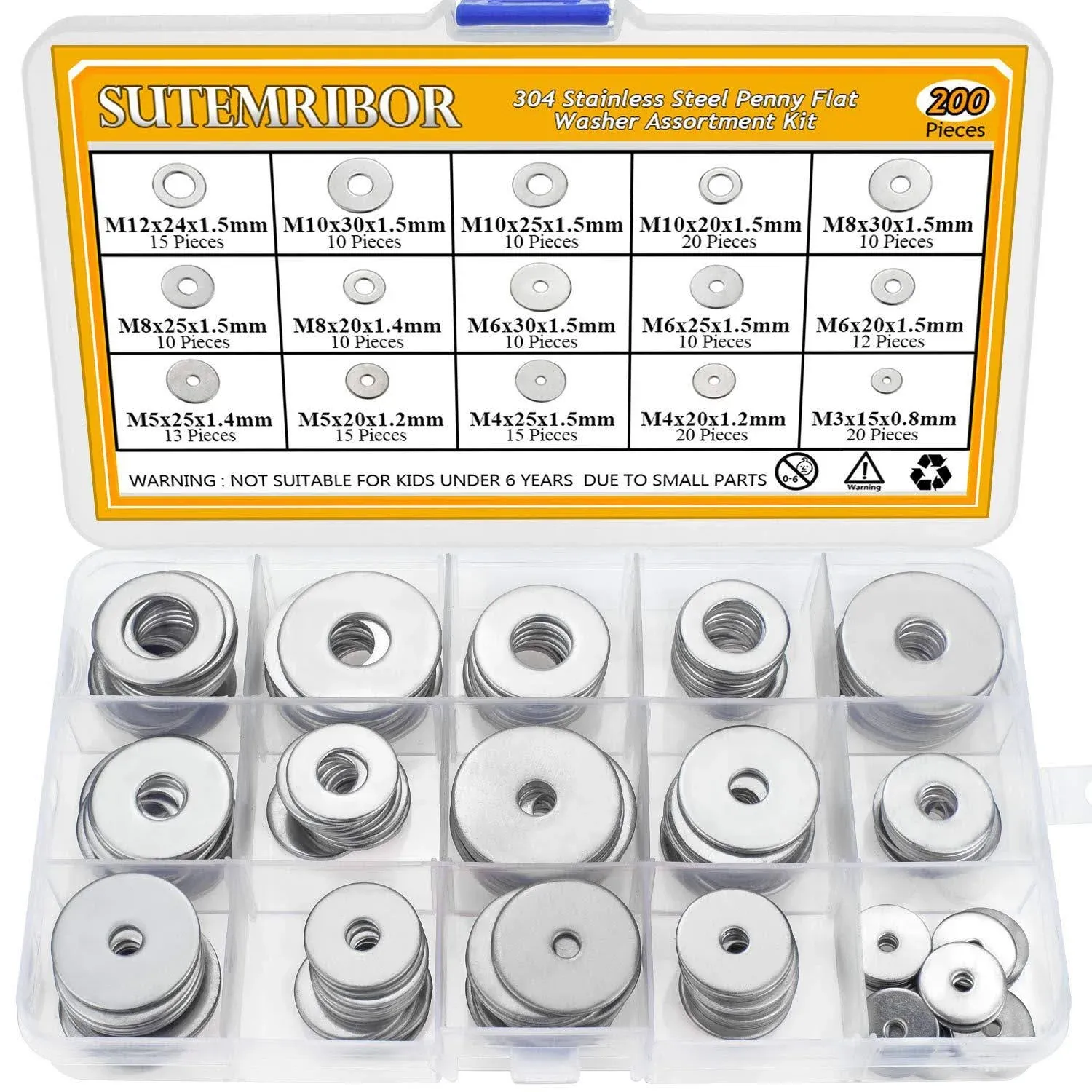 Sutemribor 304 Stainless Steel Large Fender Washer Assortment Kit 200 Pieces New