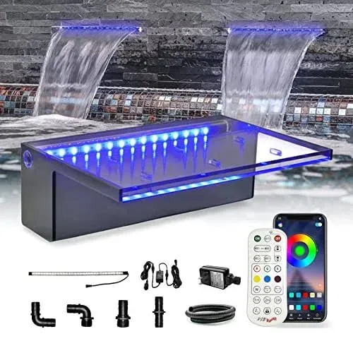 LONGRUN Waterfall Spillway APP Control Multi-Color LED Light Outdoor Pool Fou...