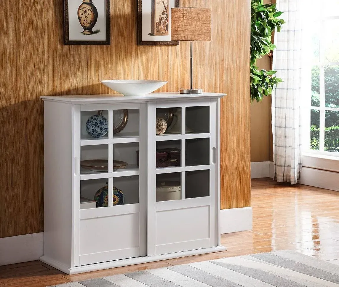 Kings Brand Furniture White Finish Wood Curio Cabinet with Glass Sliding Doors