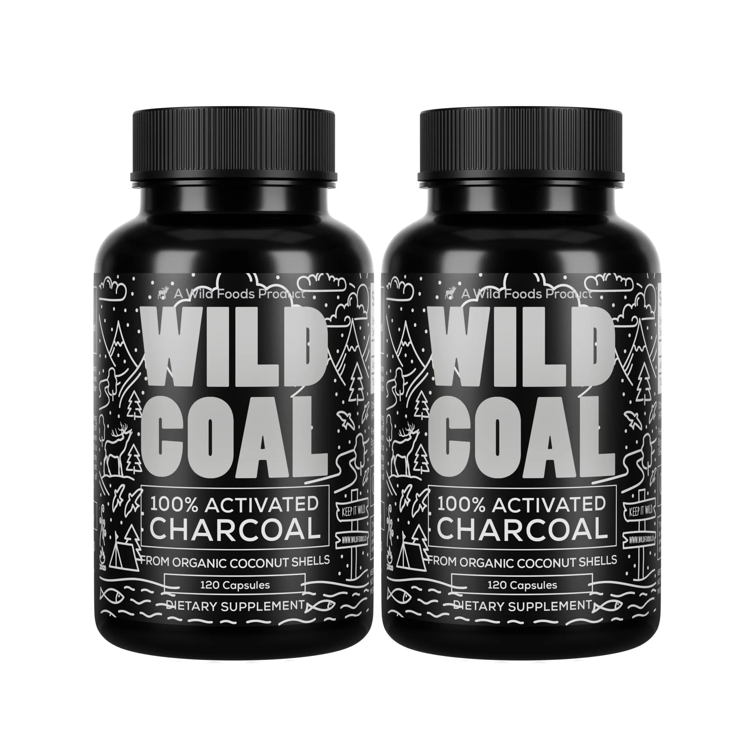 Wild Foods Activated Charcoal Capsules | 100% Organic Coconut Shells Active Tablets for Bloating Relief | Lab Tested & Non-GMO Detox Pills | USA