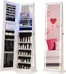 CHARMAID LED Mirror Jewelry Cabinet Armoire 360° Swivel, Full Length Mirror with Jewelry Storage, 3 Color & Adjustable Lights, Lockable Standing Jewelry Organizer with Lighted Mirror (White)