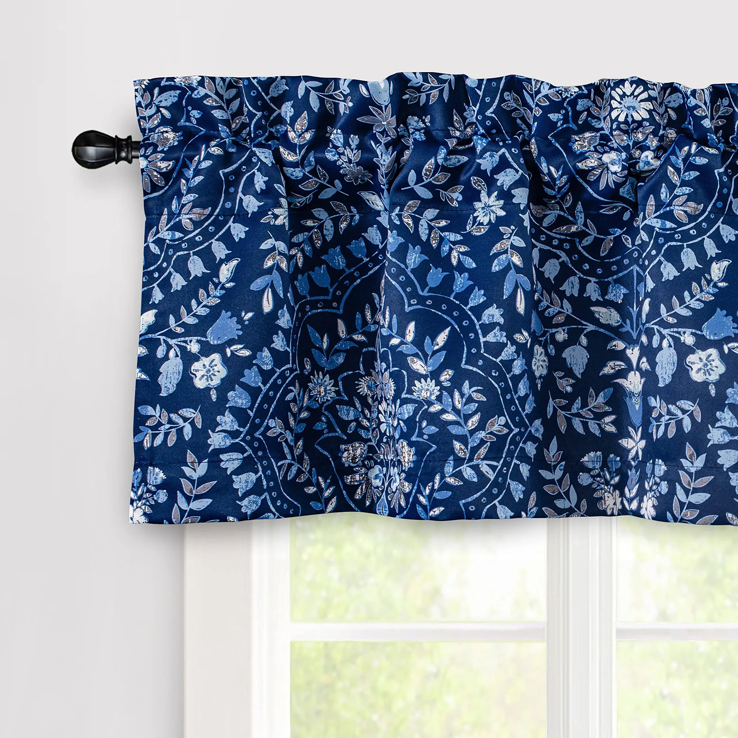 DriftAway Fleur Floral Damask Medallion Vintage Watercolor Printed Pattern Blackout Room Darkening Window Curtain Valance Rod Pocket 52 Inch by 14 Inch Plus 1.75 Inch Header Navy Blue