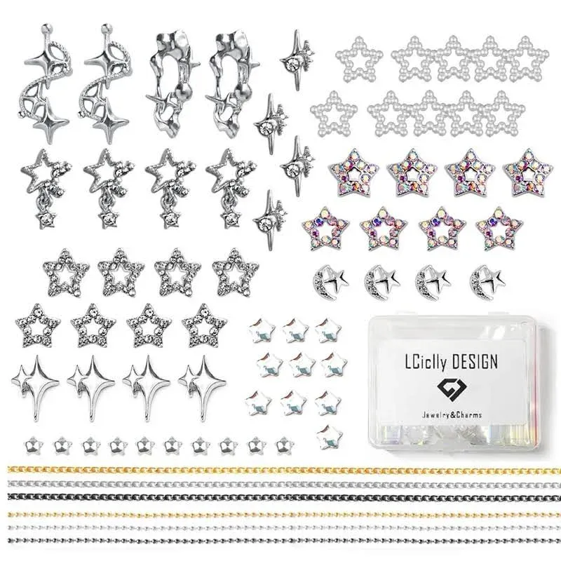 LCiclly 72pcs 3D Star Nail Charms Rhinestones for Acrylic Nail Art Silver ...