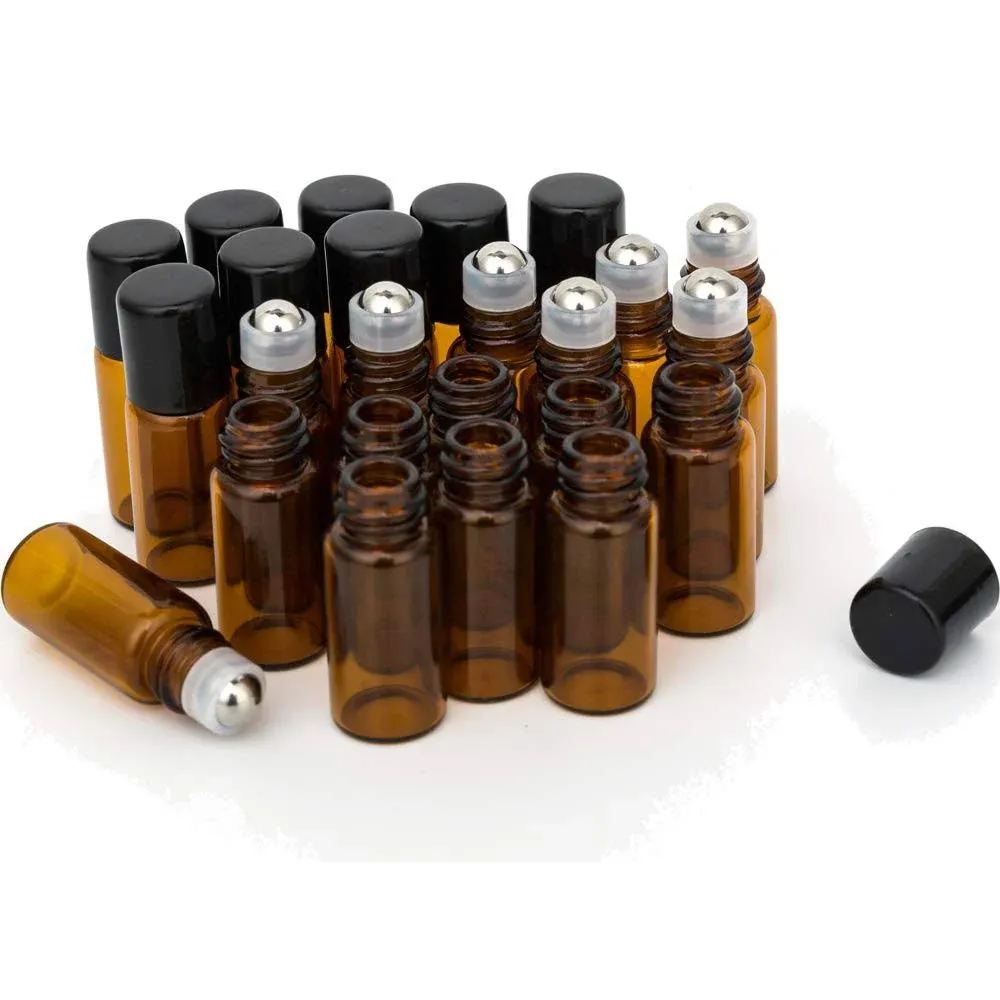 3ml Roller Bottles 24Pack Amber Thick Glass Essential Oil Roller Bottles Stainless Steel Roller Ball with 2 Droppers